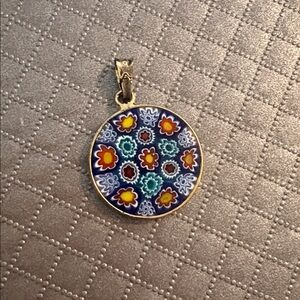 Authentic Italian Floral Millefiori Round Pendant - Blue with Multicolor Flowers